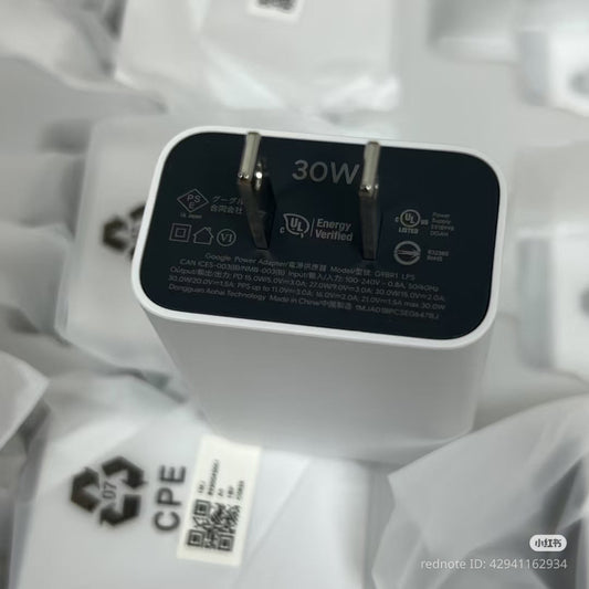 Google 30W Power Delivery USB-C charger with compact design and optimized charging speed for Google devices