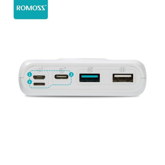 ROMOSS portable charger with LED display showing battery level and charging status for mobile devices
