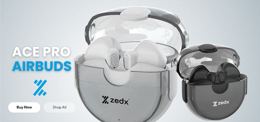 ZedX branded wireless earbuds with sleek design, touch controls, and noise cancelling technology for superior sound