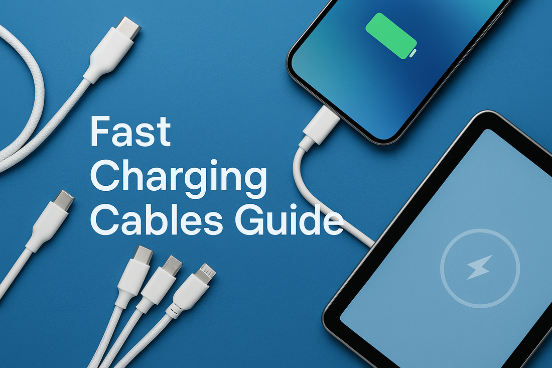 Fast Charging Cables How to Choose the Right Cable for Your Device guide featuring USB-C, Lightning, and micro USB cables with selection tips
