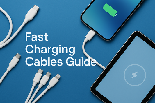 Fast Charging Cables How to Choose the Right Cable for Your Device guide featuring USB-C, Lightning, and micro USB cables with selection tips