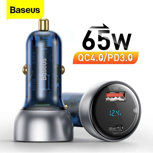 65W Baseus Quick Car Charger QC+PPS Digital Display Output with fast charging technology and LED display for vehicle charging 