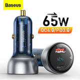 65W Baseus Quick Car Charger QC+PPS Digital Display Output with fast charging technology and LED display for vehicle charging 