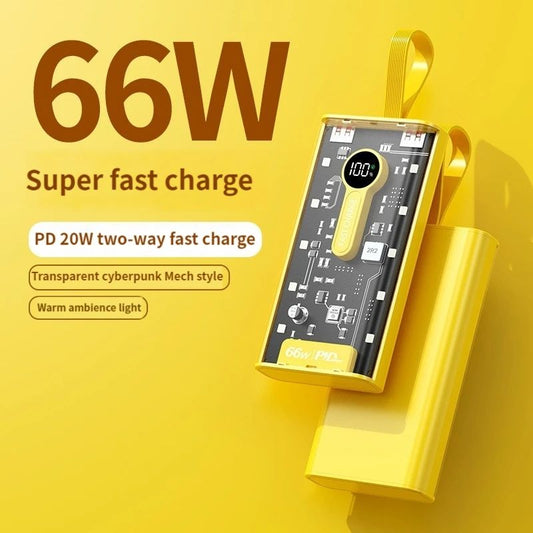 66W 20000 mAh Transparent Power Bank Super Fast Charge with LED display, multiple ports, and high-capacity battery for smartphones and devices 