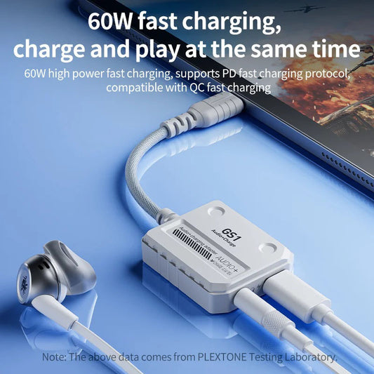 GS1 Plextone Type-C gaming audio adapter showing dual port design for simultaneous charging and audio connectivity