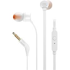 JBL Tune 110 wired earphones showing comfortable in-ear design and tangle-free cable with microphone