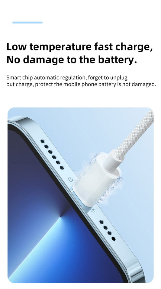 Lightning USB-C Apple charging cable showing durable construction and premium white finish for reliable performance