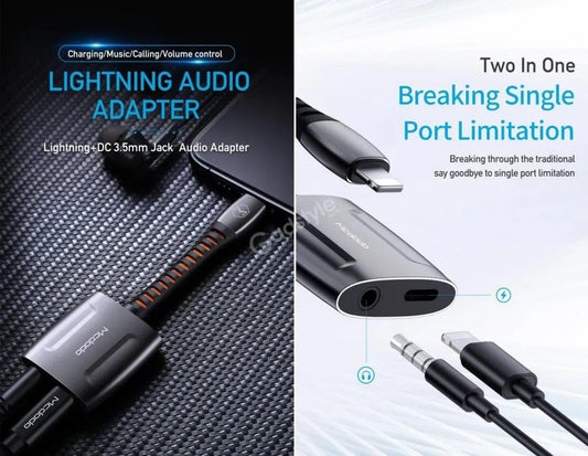 Odin series Mcdodo Lightning 3.5mm adapter showing dual connectivity options for charging and audio simultaneously