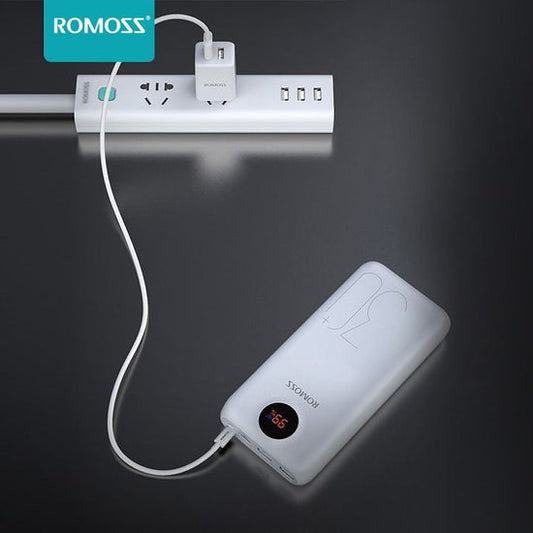 Compact ROMOSS power bank with multiple charging ports and 20000mAh capacity for extended device usage 