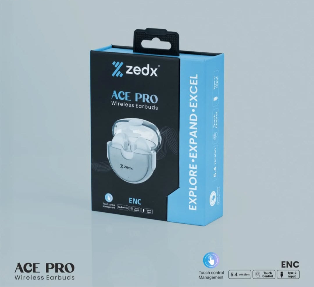 ZedX Ace Pro wireless earbuds featuring ENC technology for crystal-clear calls and immersive audio experience