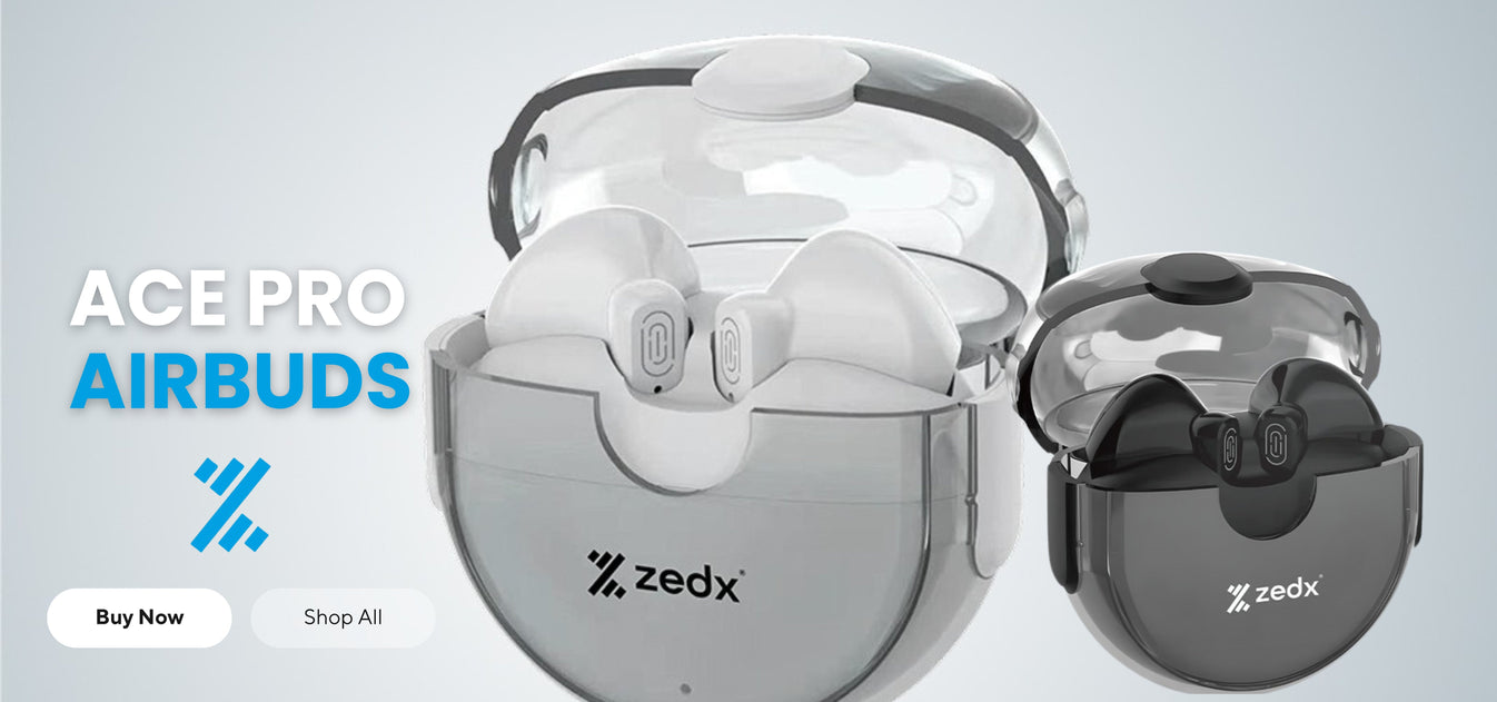 ZedX branded wireless earbuds with sleek design, touch controls, and noise cancelling technology for superior sound 